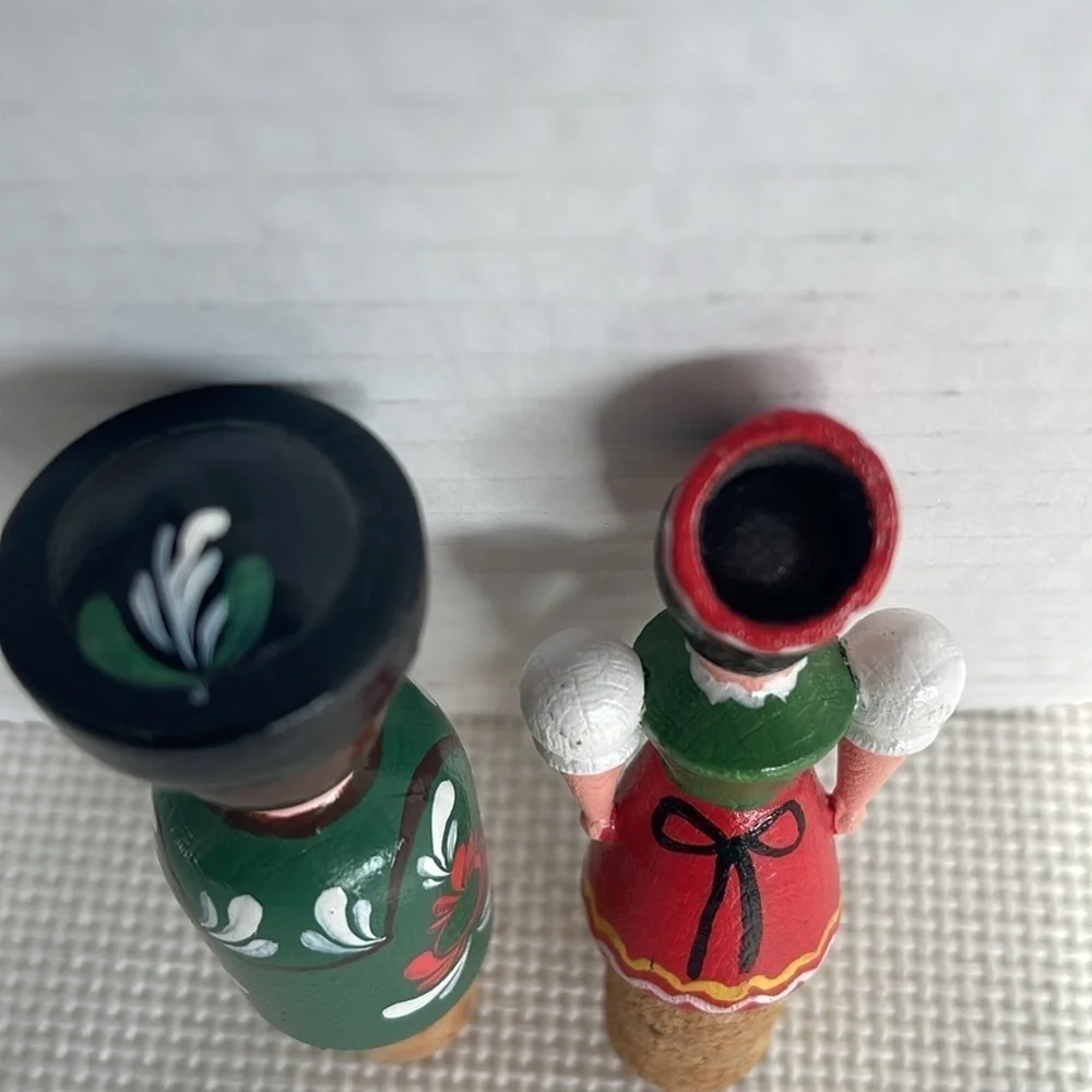 Vintage Hand Carved Wooden Wine Stopper Set of 2 Folk Art Hand Painted EUC